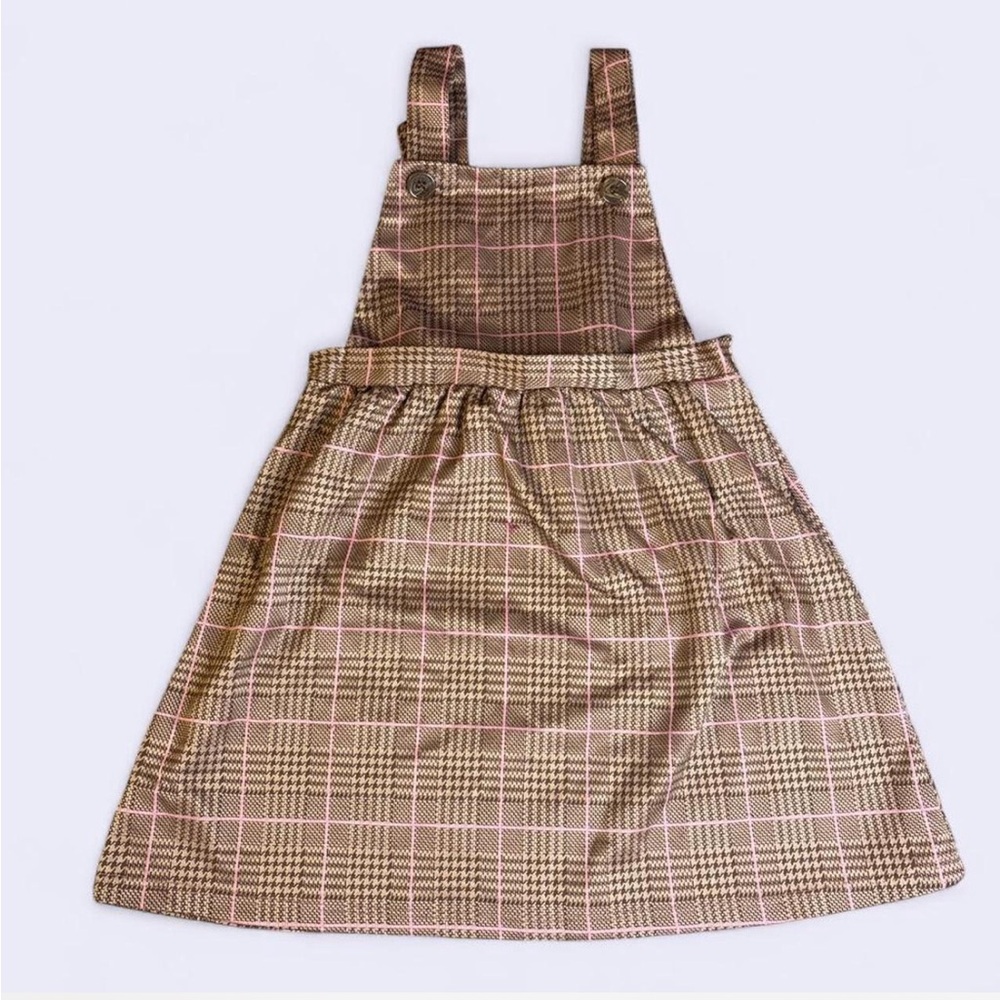 Brown Houndstooth & Pink Grid Pinafore Overall Dress